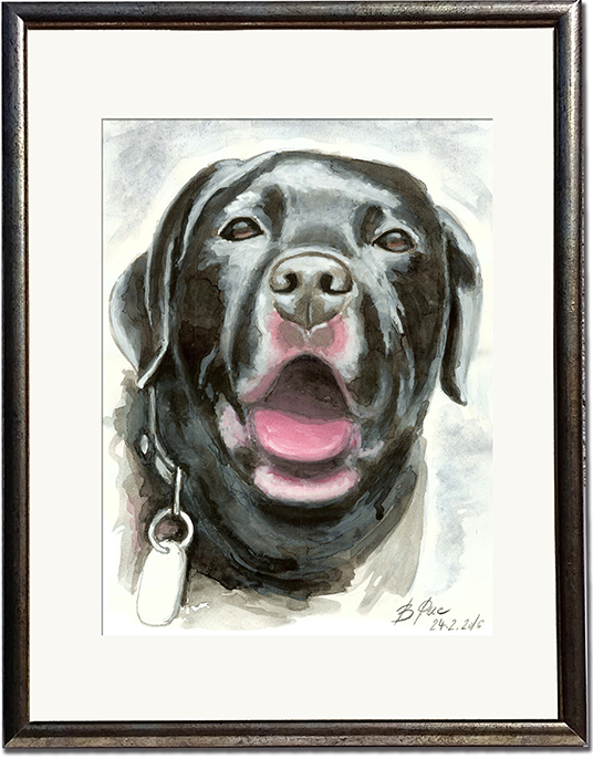 A watercolor portrait of a Rottweiler Buddy in a gold painted frame.