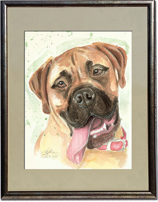 A watercolor portrait of a Bullmastiff in a gold painted frame.