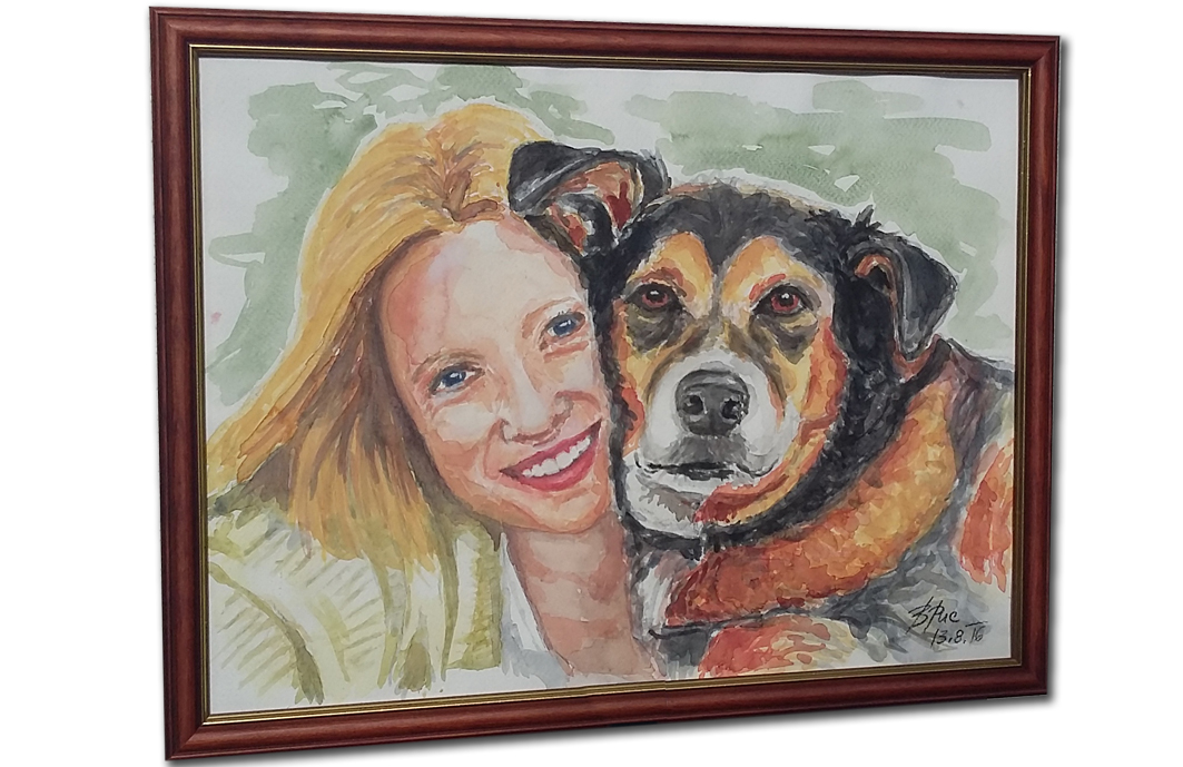 A watercolor portrait of an English Cocker Spaniel in a wooden frame.