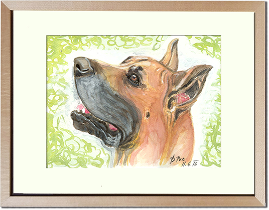 A watercolor portrait of a Great Dane in a wooden frame.