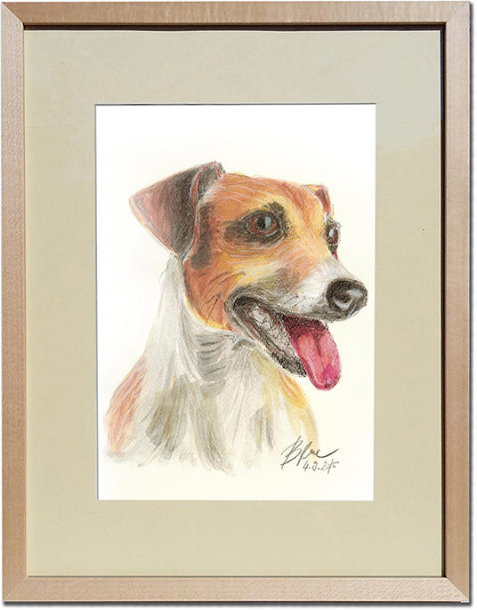 A watercolor portrait of a very lovely Jack Russell Terrier in a wooden frame.