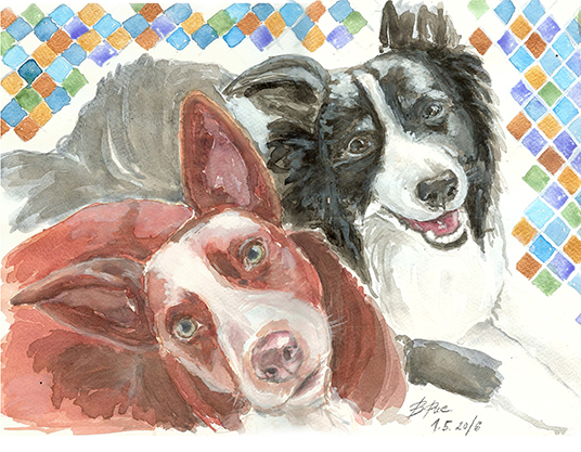 A watercolor portrait of Molly and Katie.