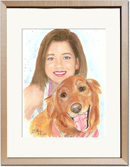 A watercolor portrait of a Girl with her Golden retriever in a gold painted frame.