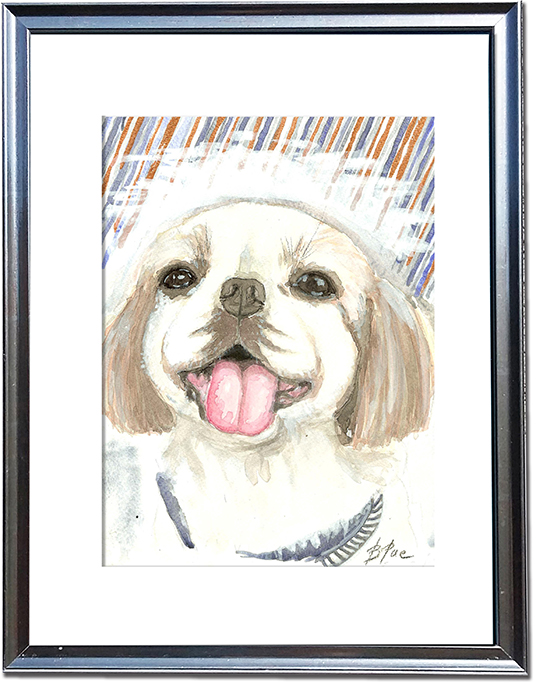 A watercolor portrait of Shih Tzu in a silver painted frame.