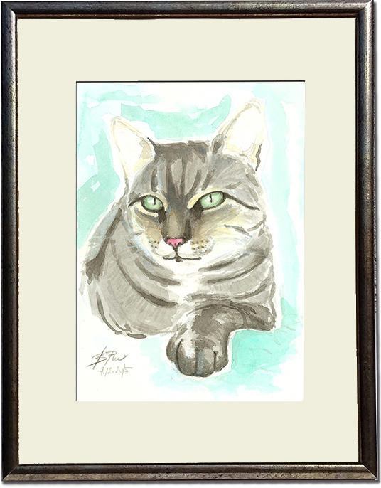 A watercolor portrait of a grey cat Tabby in a silver painted frame.