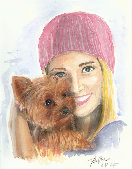 A watercolor portrait of a Yorkshire Terrier in a silver paited frame.