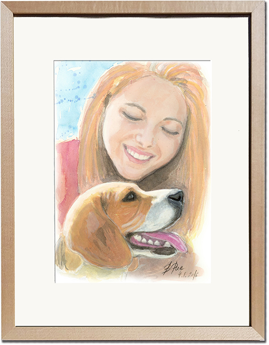 A watercolor portrait of a Beagle and a girl in a wooden frame.