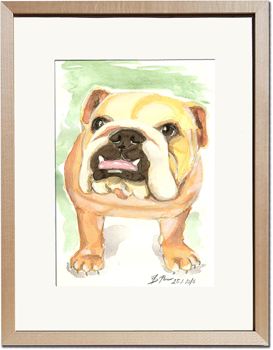 A watercolor portrait of a Bulldog.