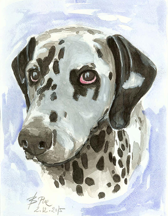 A watercolor portrait of a gorgeous Dalmatian in a gold painted frame.